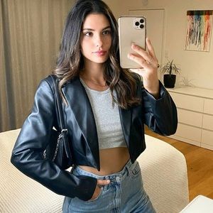 Faux Leather Cropped Collar Jacket